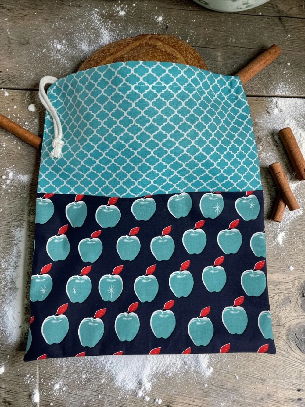 Teal Apple Print Bread Bag, Reusable Cotton Bread Bag, Sourdough Storage Bag